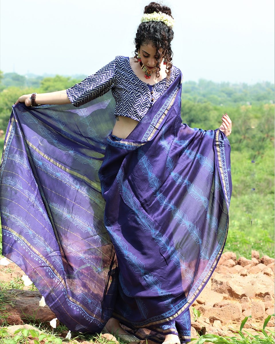 Blue Block Printed Pure Chanderi Saree
