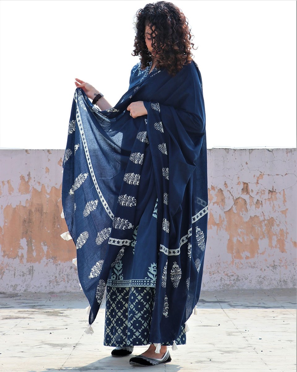 BLUE BUTI BLOCKPRINTED COTTON MUL DUPATTA