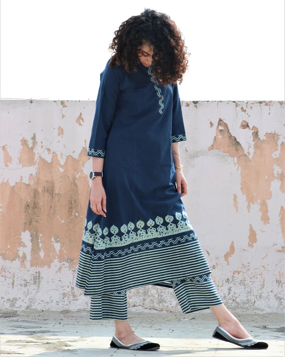 BLUE BORDER BLOCKPRINTED COTTON KURTI