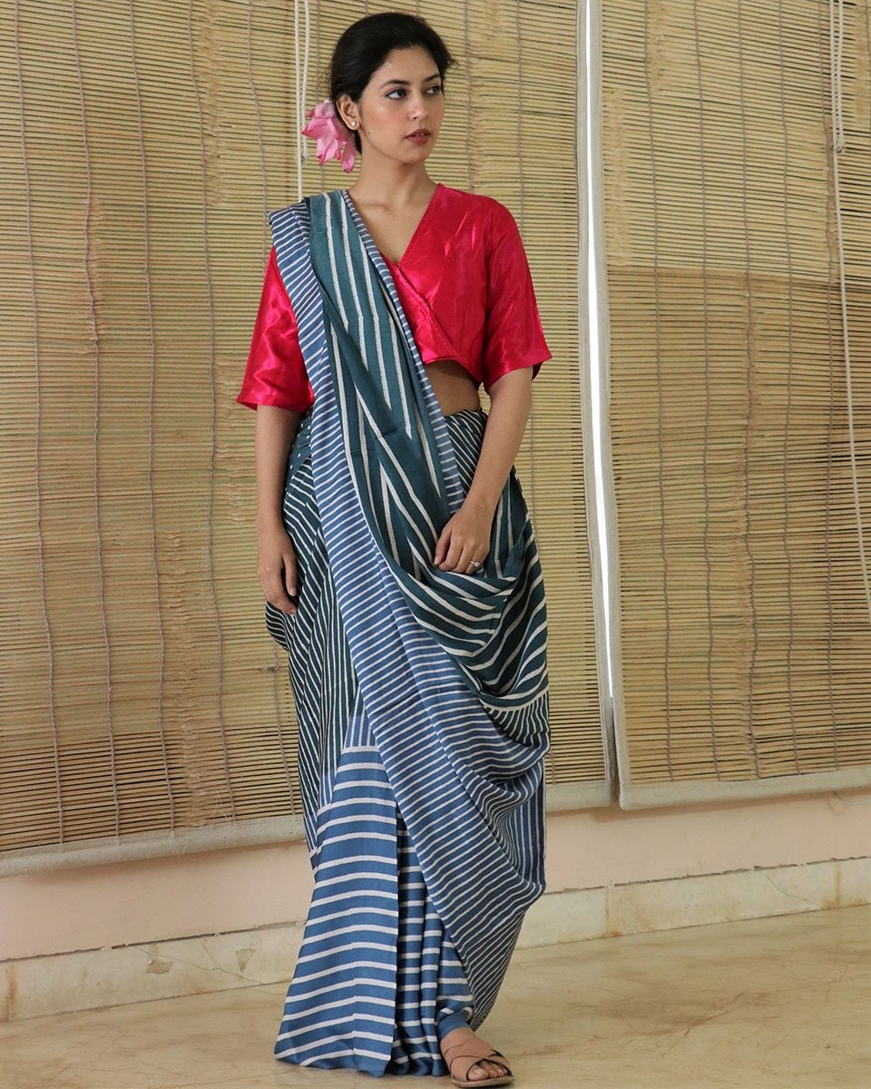 Blue-Green BlockPrinted Modal Silk Saree