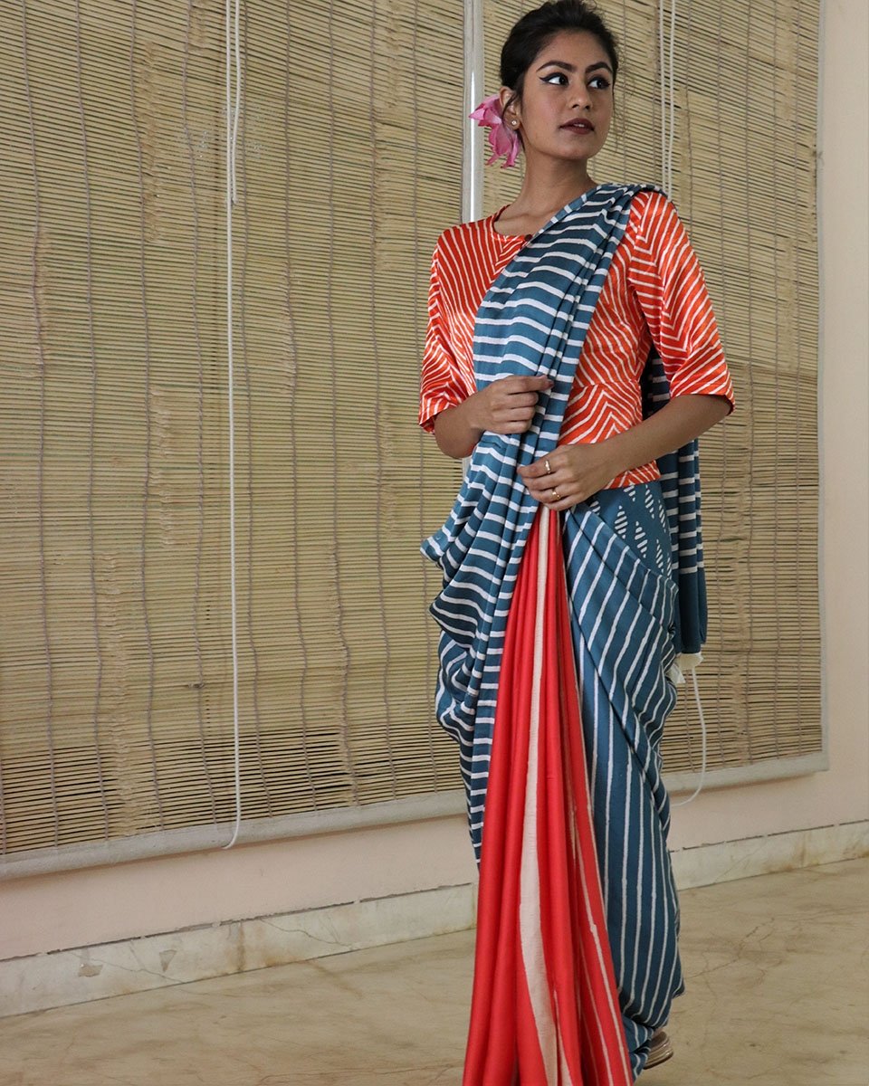 Blue-Orange BlockPrinted Modal Silk Saree
