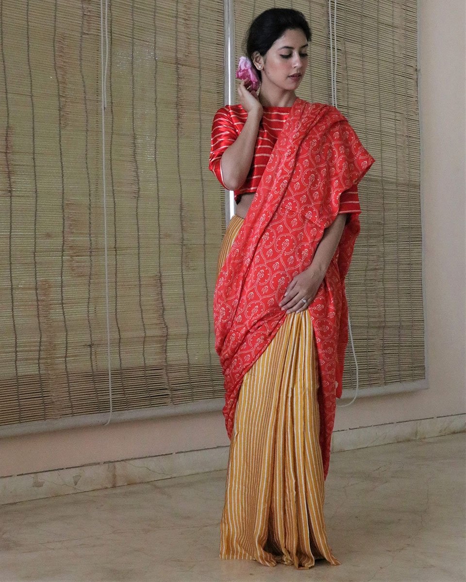Red-Yellow BlockPrinted Modal Silk Saree