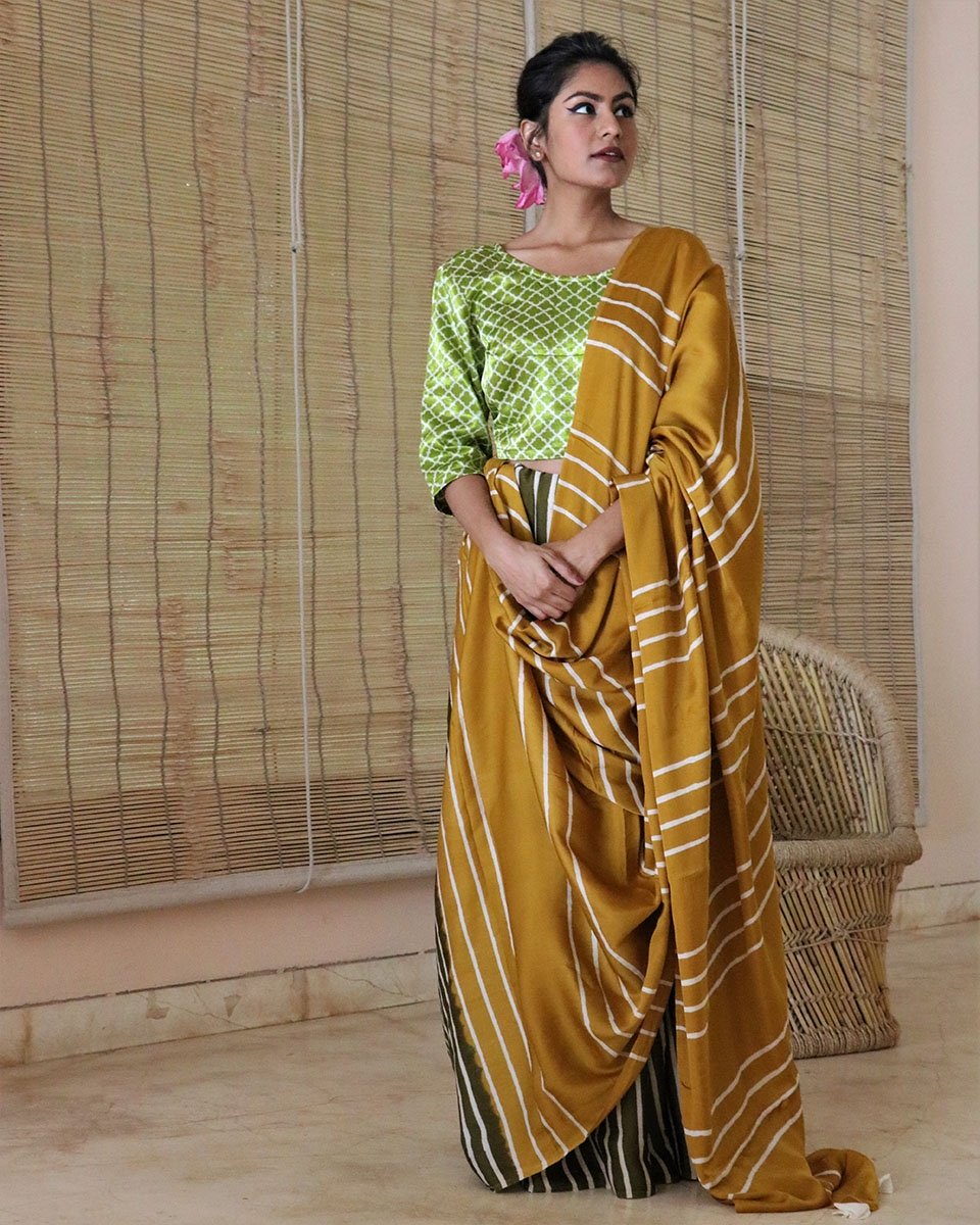 Yellow-Sap Green BlockPrinted Modal Silk Saree