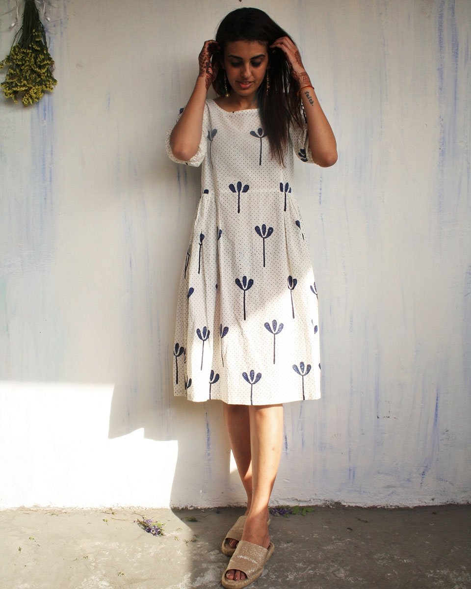 Ivory Blue Block Printed Midi Dress