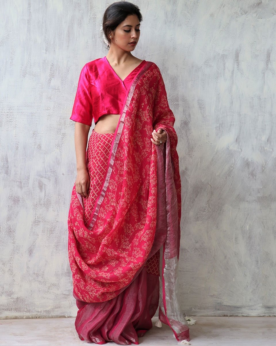 Gulabi BlockPrinted Pure Handwoven Linen Zari Saree
