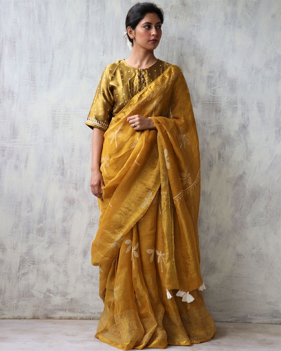 Yellow BlockPrinted Pure Handwoven Linen Zari Saree