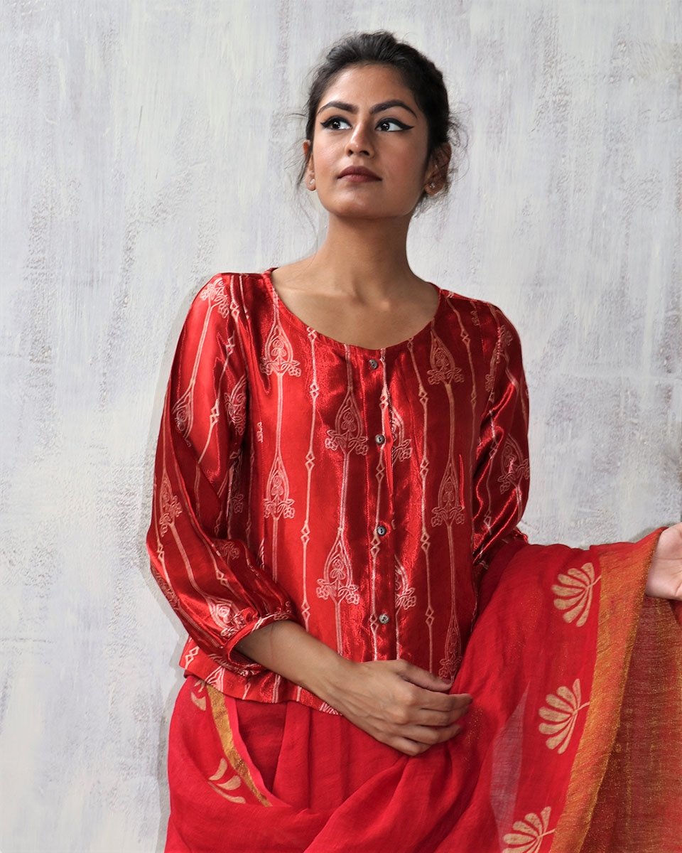 RED GREEN BLOCKPRINT MASHRU TOP