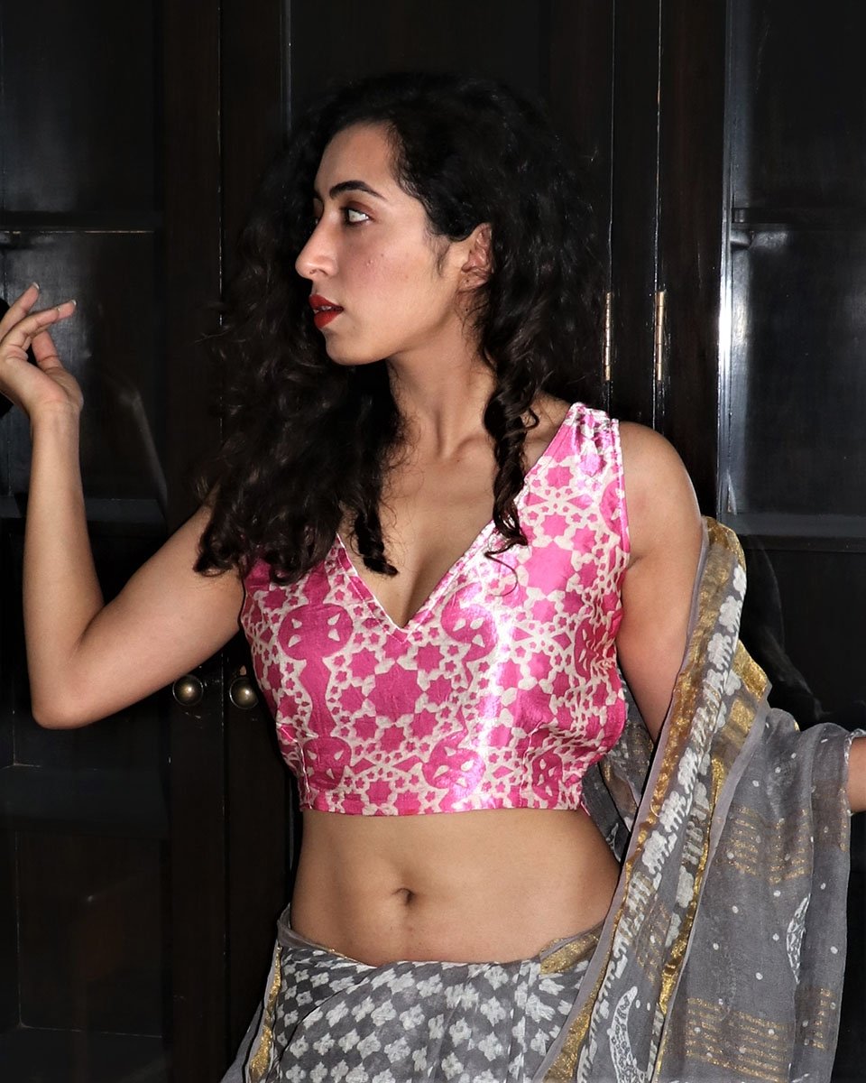 PINK BLOCKPRINTED CROP TOP IN MASHRU SILK