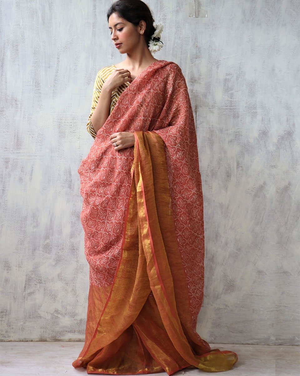 Rust BlockPrinted Pure Handwoven Linen Zari Saree