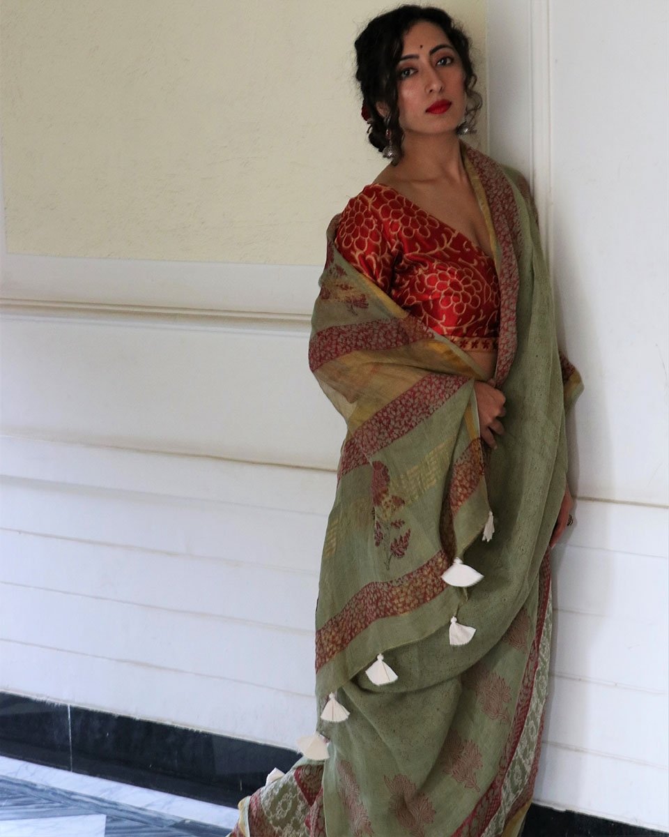 Chidiyaa Sab Green Block Printed Pure Handwoven Linen Saree 4