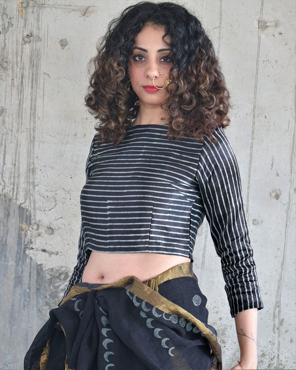 BLACK BLOCKPRINTED STRIPE MASHRU SILK CROP TOP