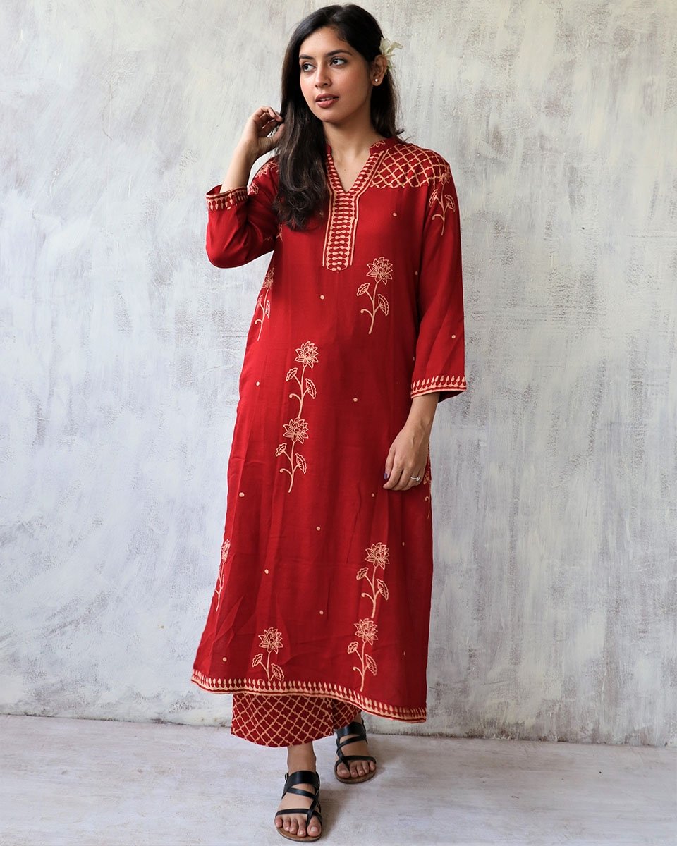 Chidiyaa Red Cotton Kurta