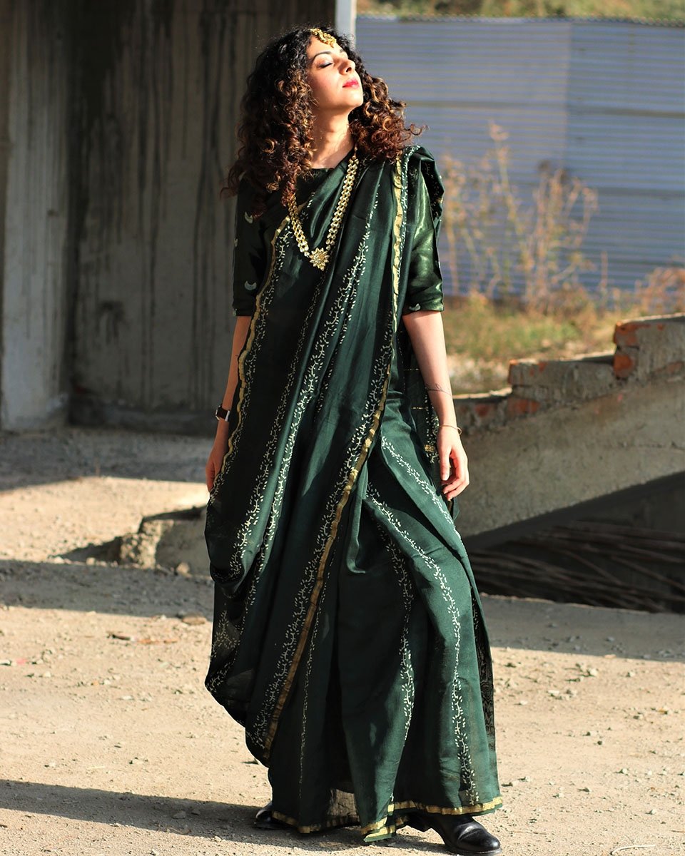 Chidiyaa Green Bel Block Printed Pure Chanderi Saree