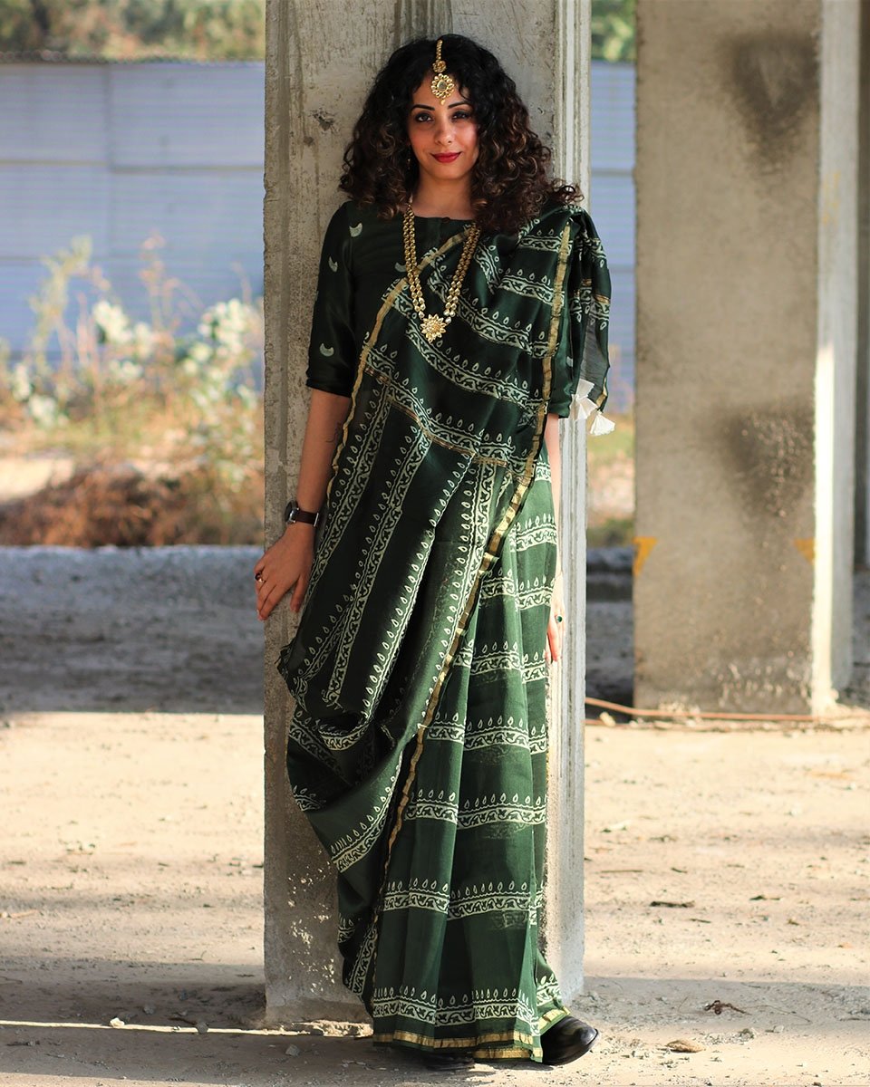 Chidiyaa Green Line Block Printed Pure Chanderi Saree