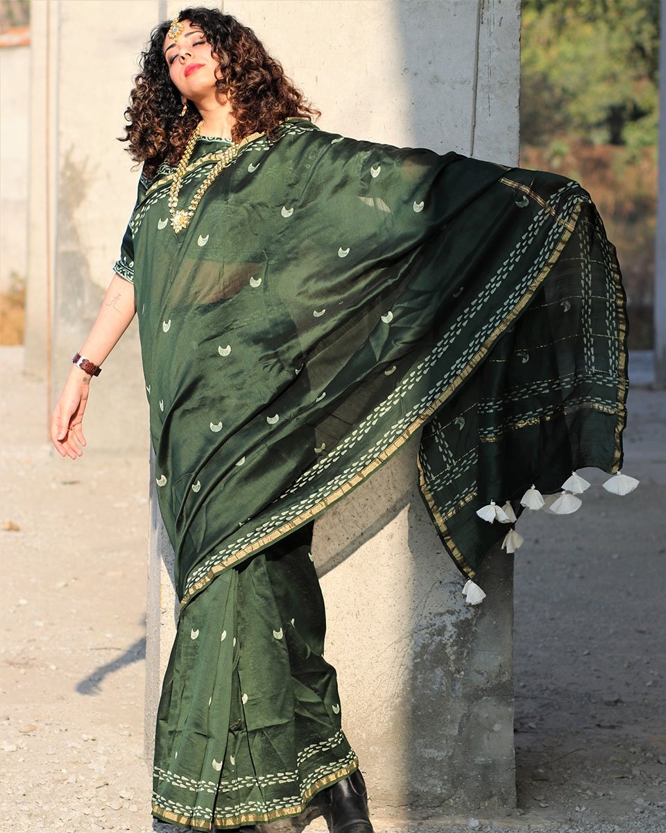 Chidiyaa Green Moon Block Printed Pure Chanderi Saree 1