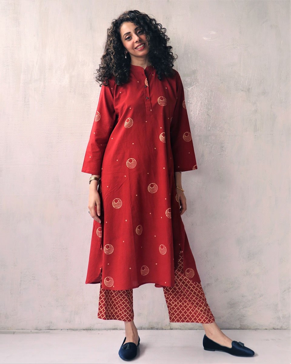 RED BLOCKPRINTED COTTON KURTI SET