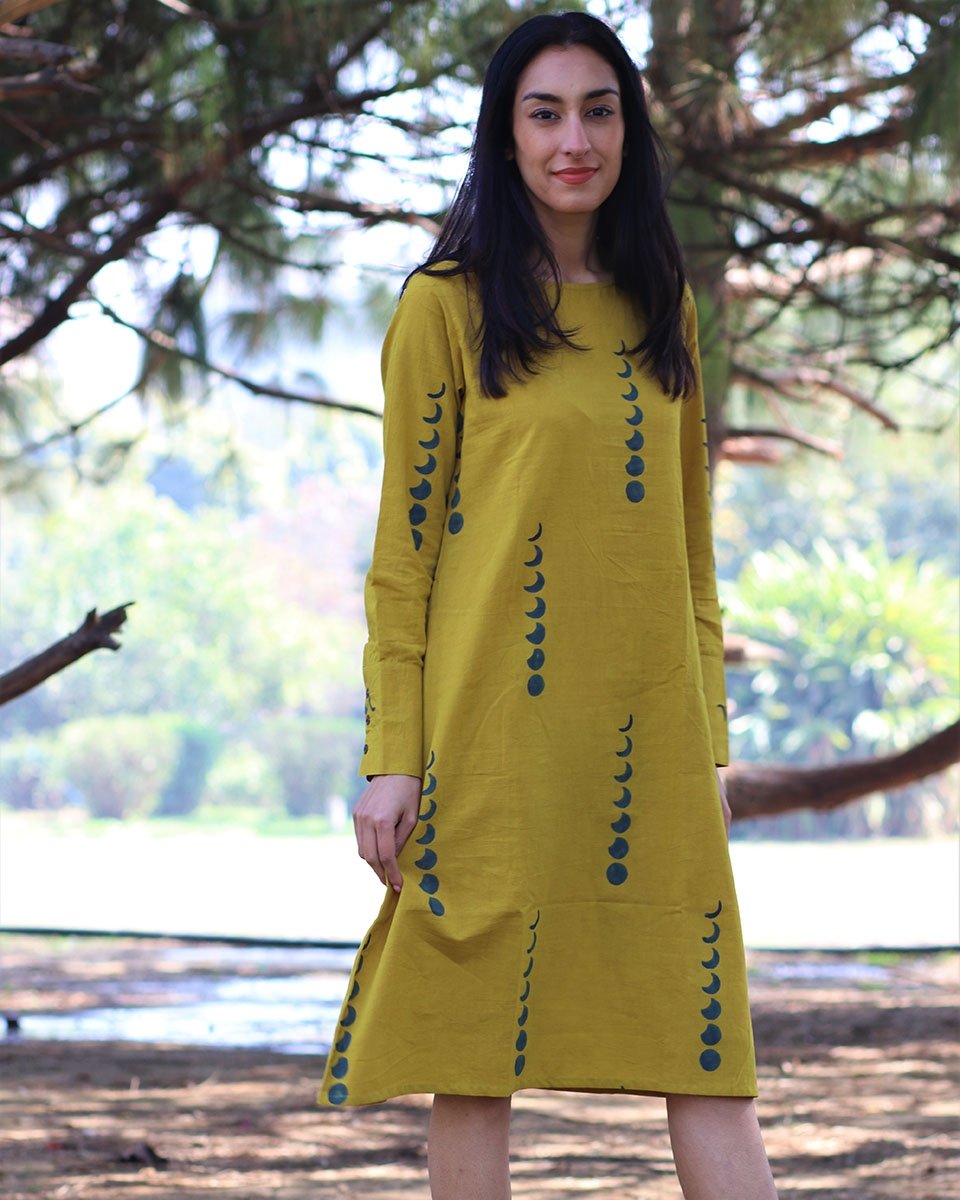 Yellow Eclipes blockprinted cotton dress