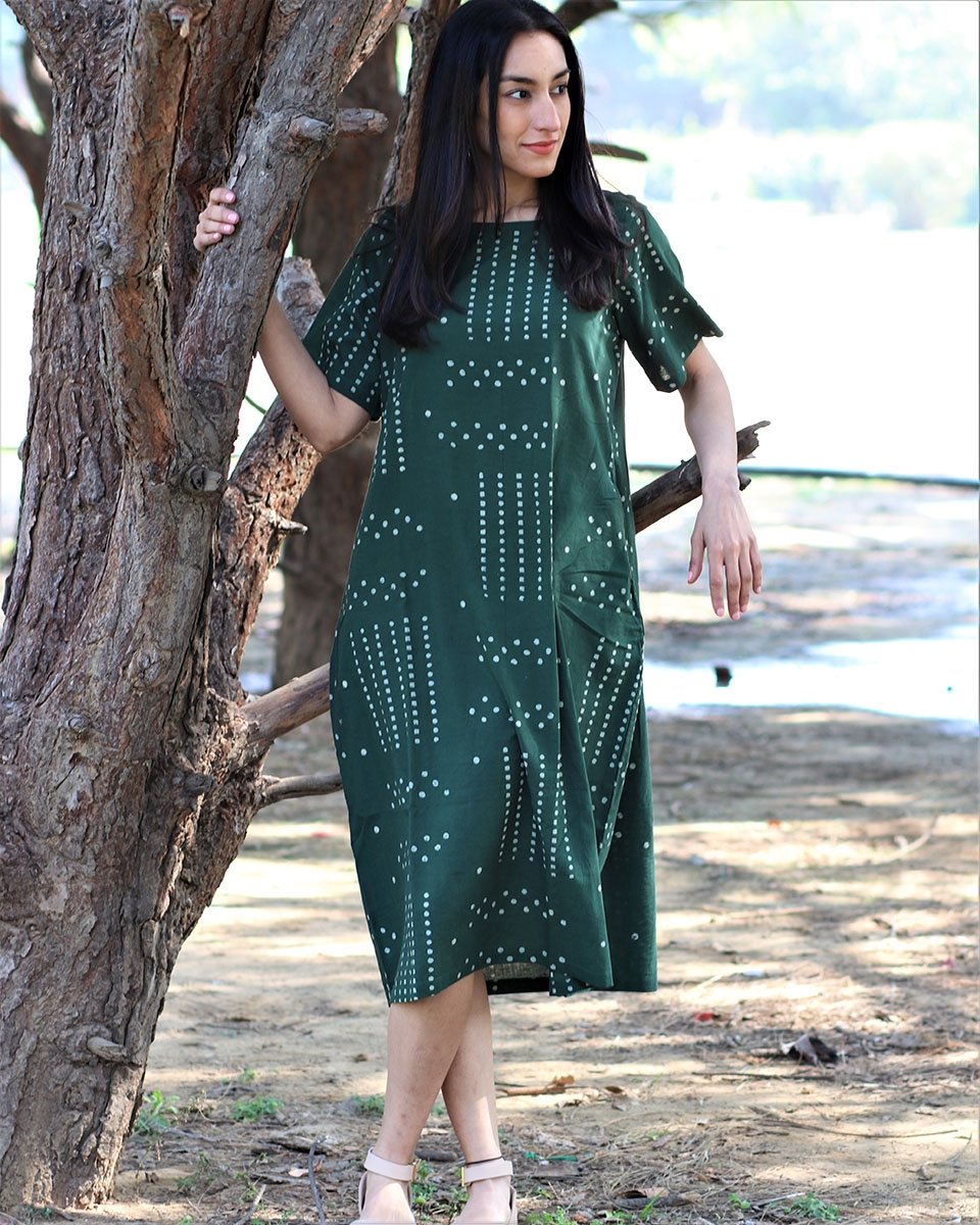 Green blockprinted cotton dress
