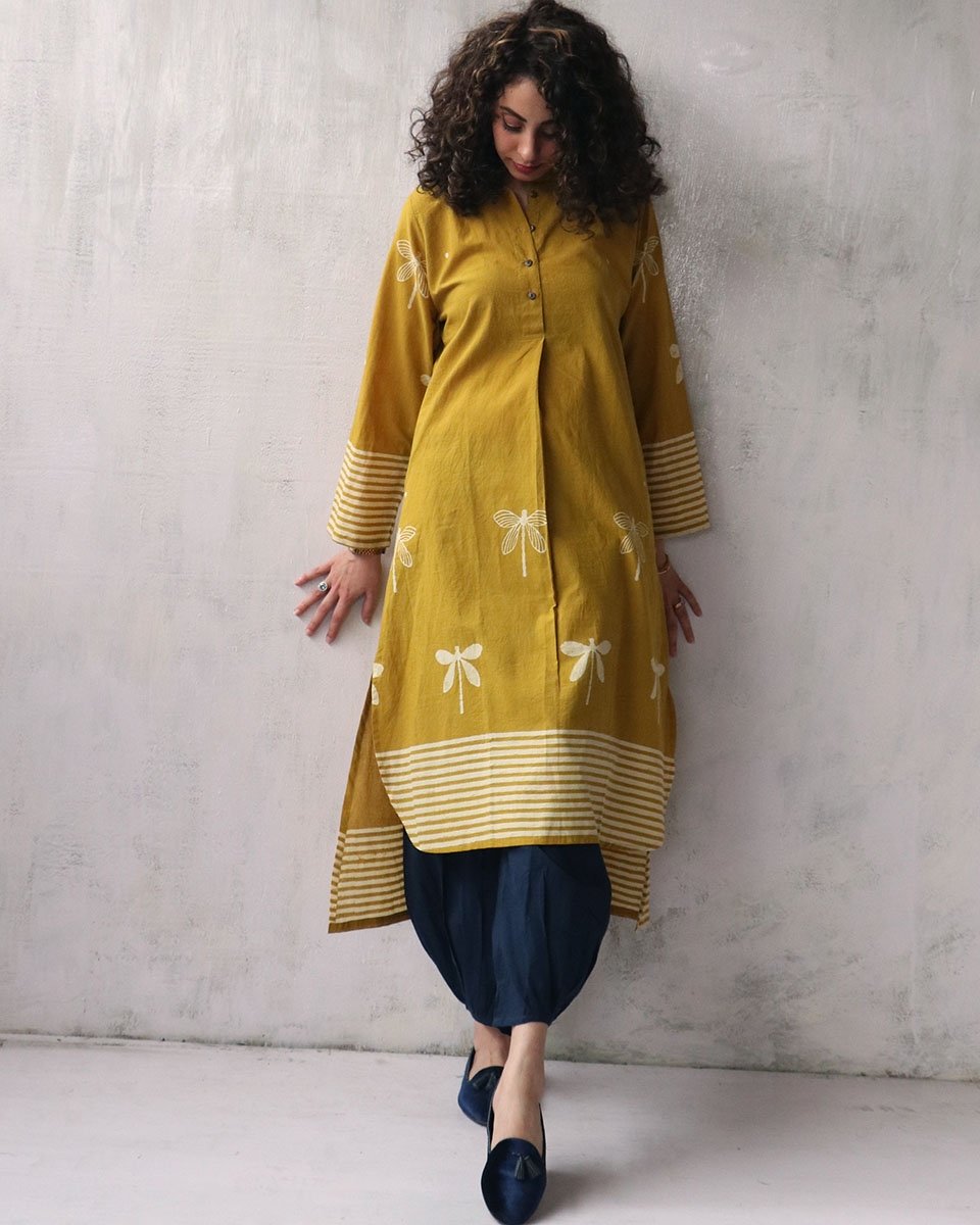 Chidiyaa Yellow Cotton Kurti, Pant (Set of 2)