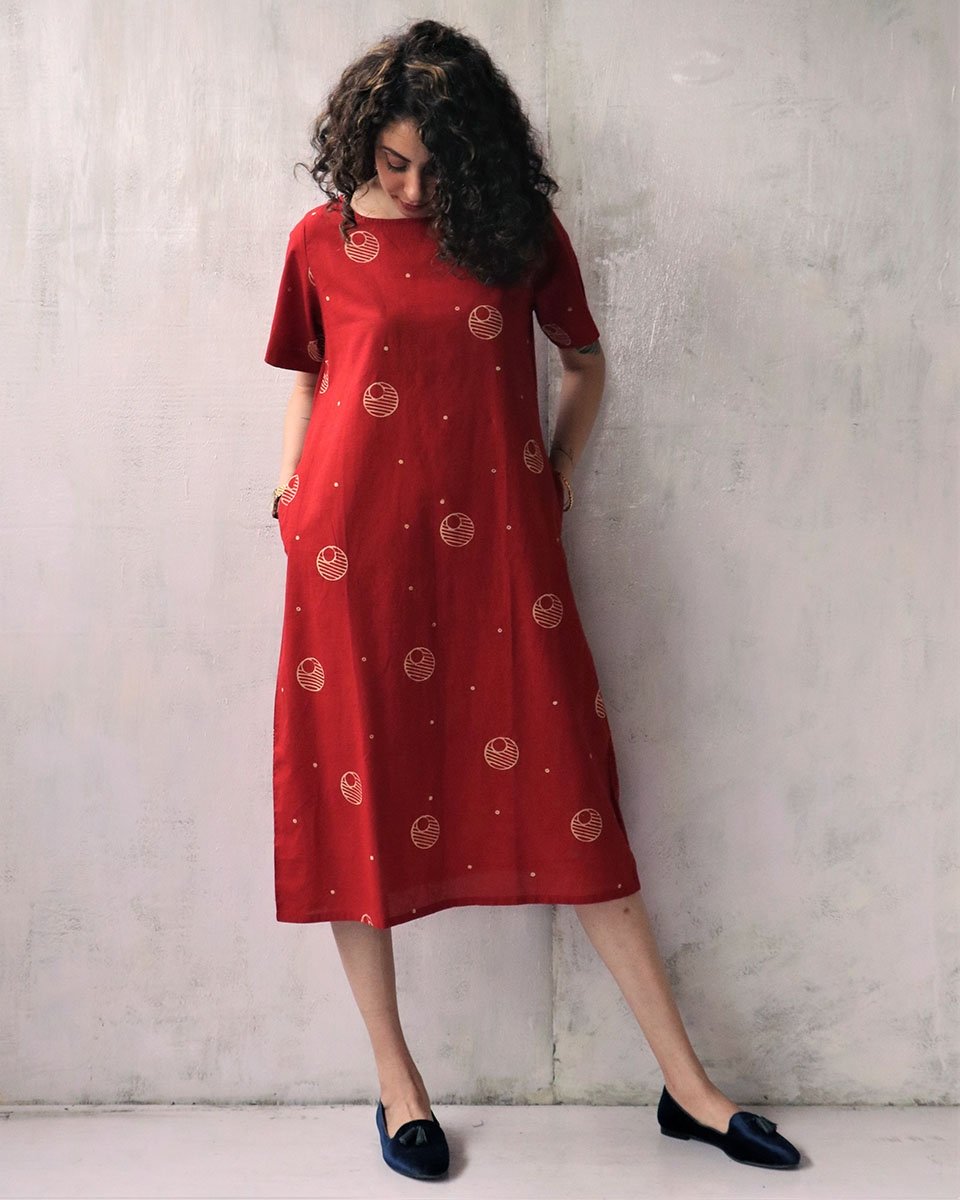 RED BLOCKPRINTED COTTON DRESS