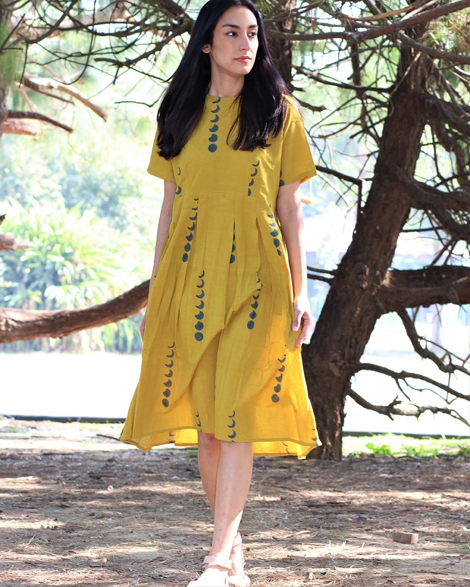 Yellow Eclipes blockprinted cotton pleated dress