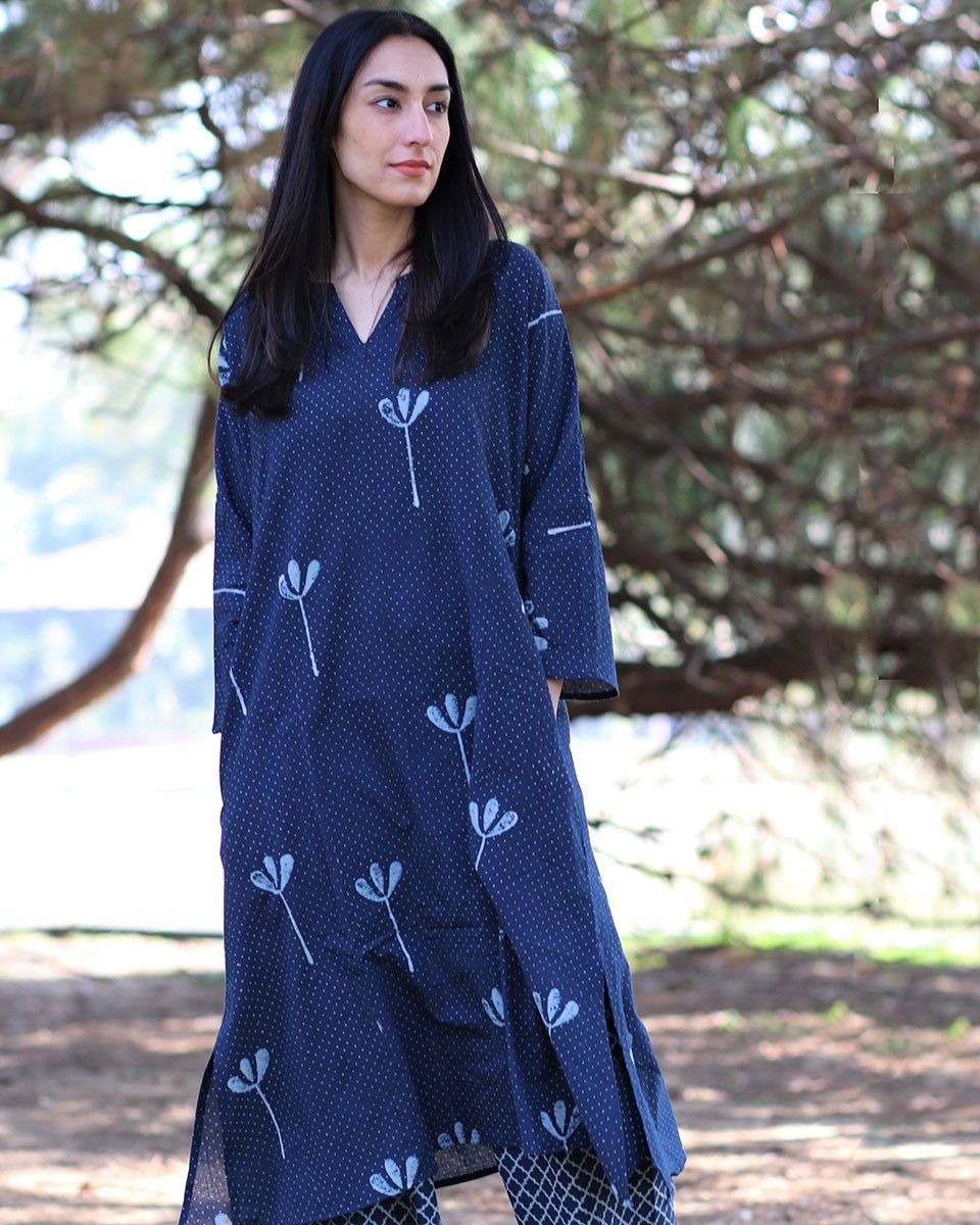 BLUE BLOCKPRINTED KURTI WITH PALAZZO (SET OF 2)