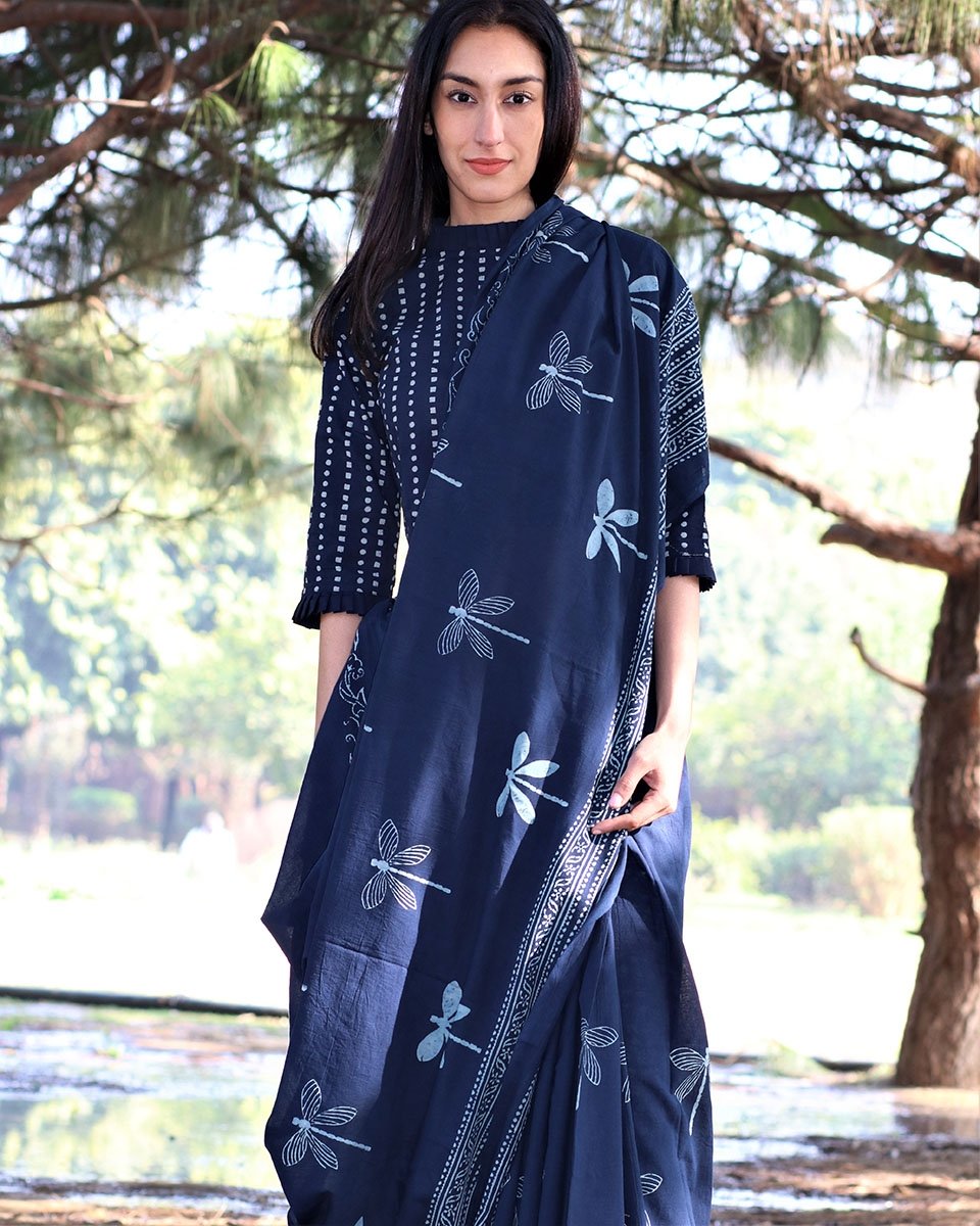 Chidiyaa Blue Dragonfly Block Printed Cotton Mul Saree with Unstitched Blouse