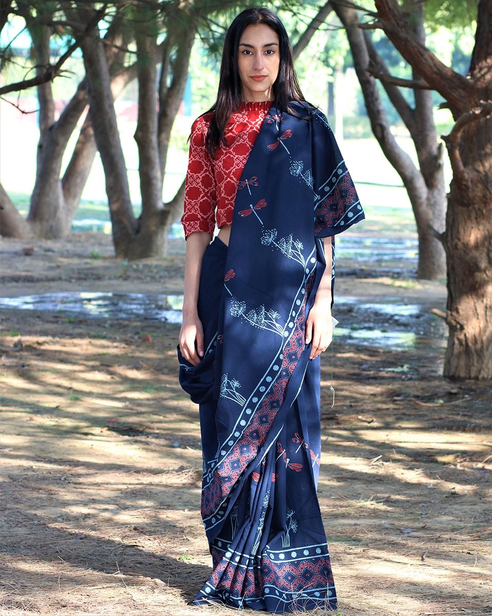 Blue Dragonfly Blockprinted Cotton Mul Saree