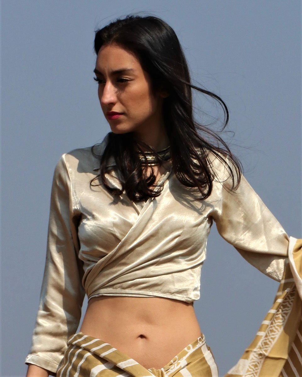 CREAM MASHRU WRAP CROP TOP