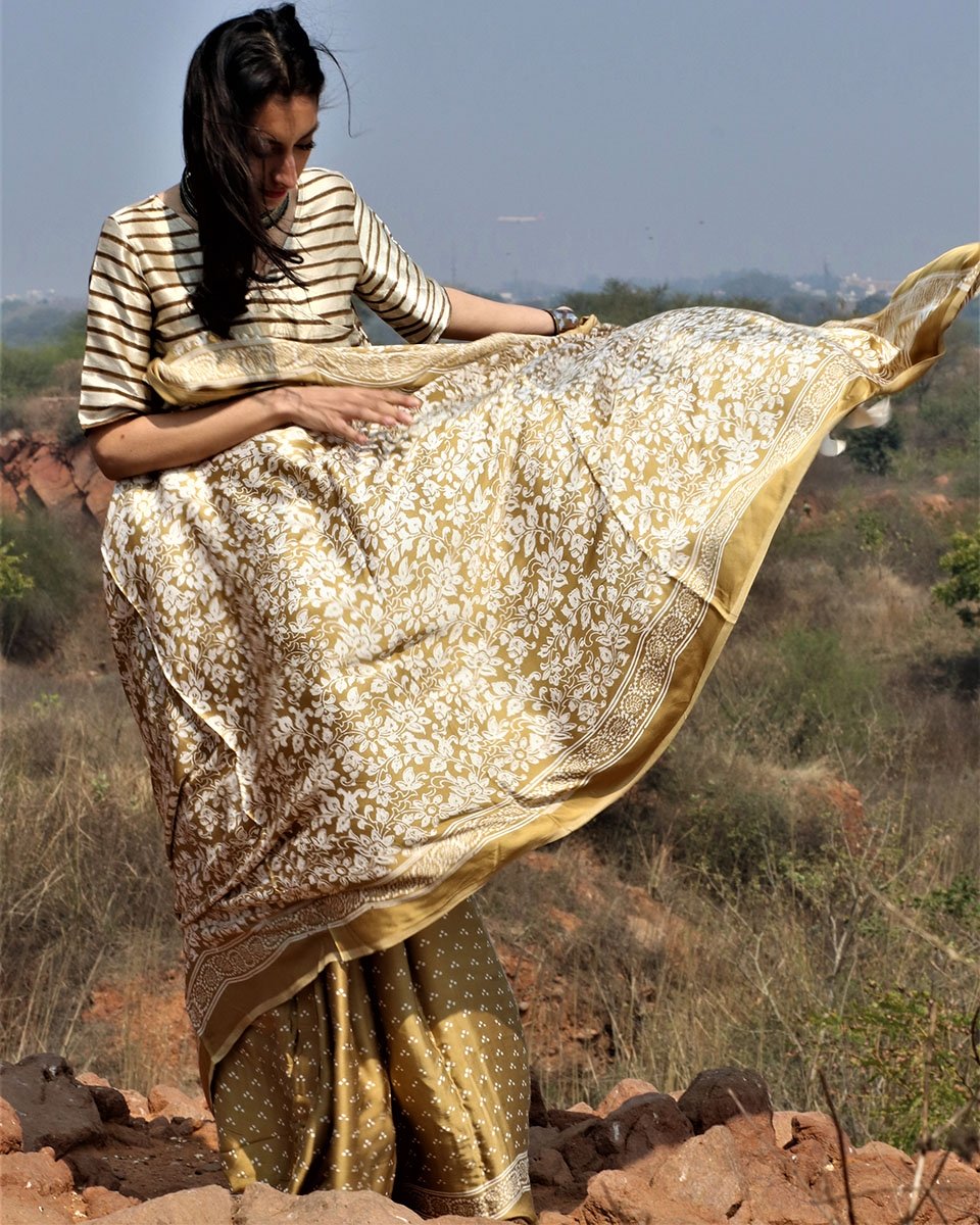 Mustard blockprinted modal silk saree