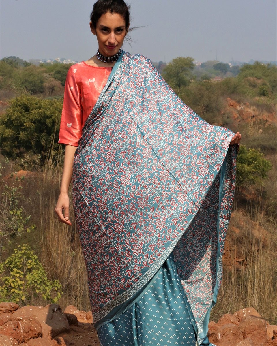 Sea blue blockprinted modal silk saree Jal