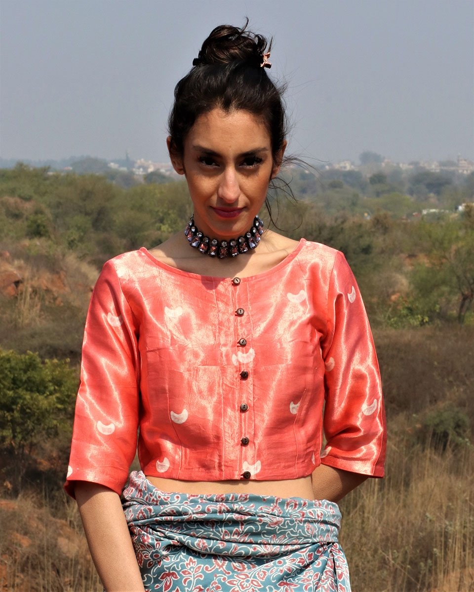 PEACH MOON MASHRU WRAP CROP TOP