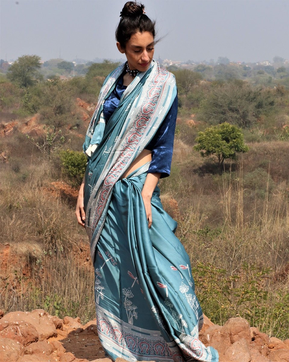 Sea blue blockprinted modal silk saree dragonfly