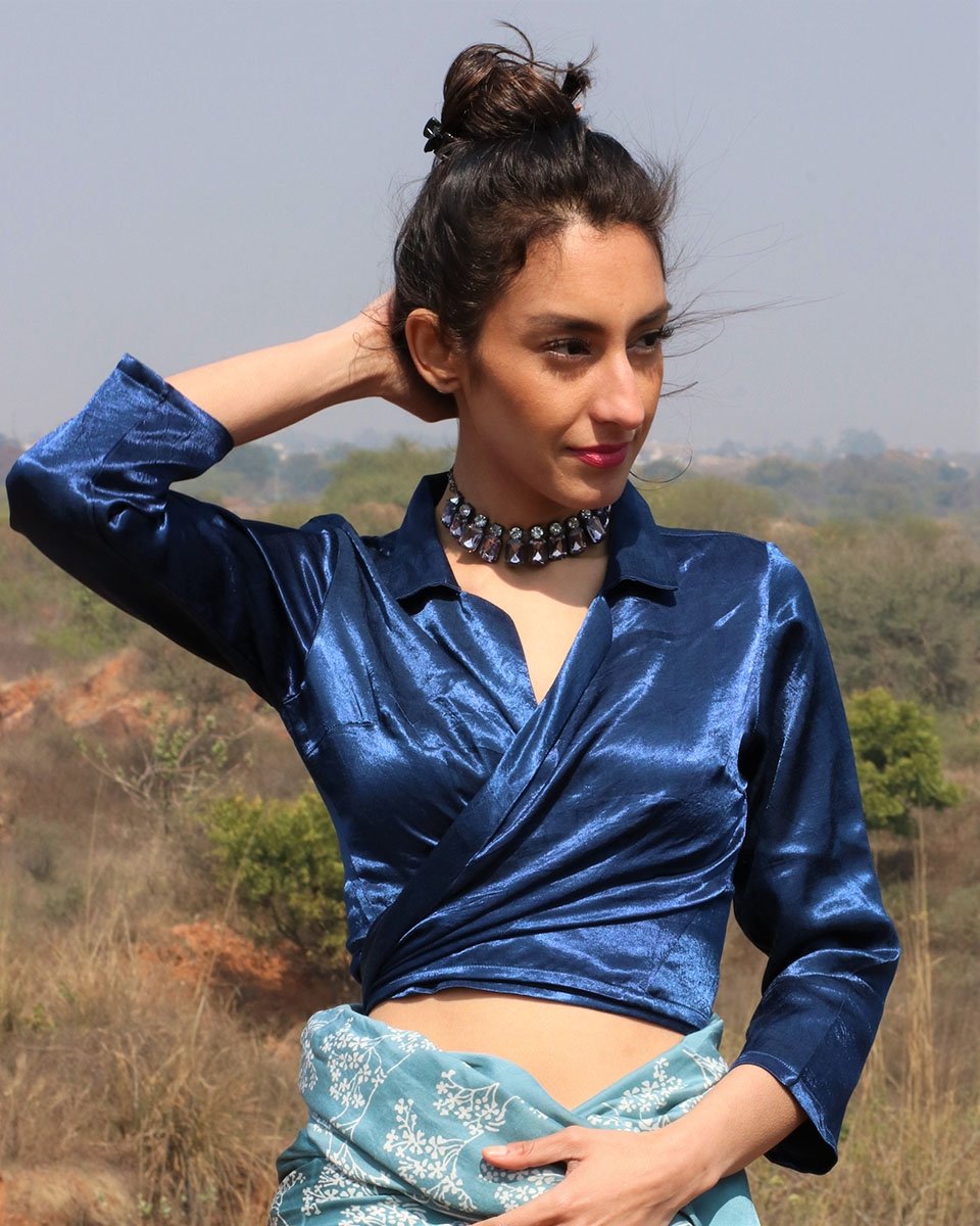 BLUE MASHRU WRAP CROP TOP