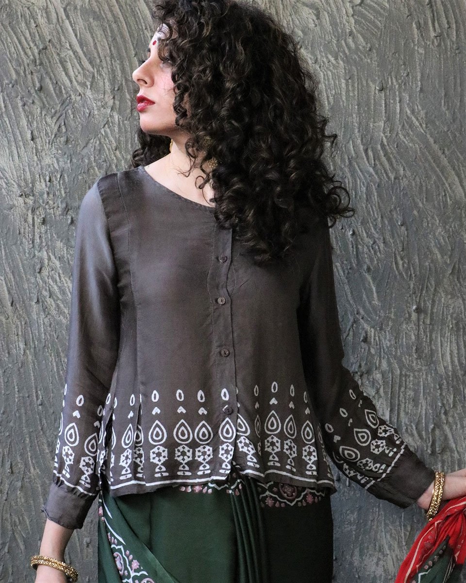 Chidiyaa Grey Mashru Silk Top