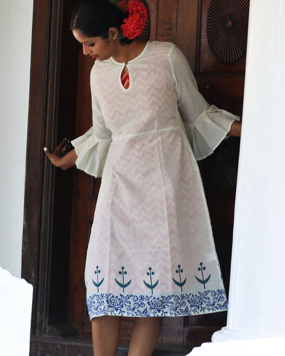 IVORY GREEN BLOCKPRINTED MULMUL BELL SLEEVES DRESS WITH PINK SLIP (SET OF 2)