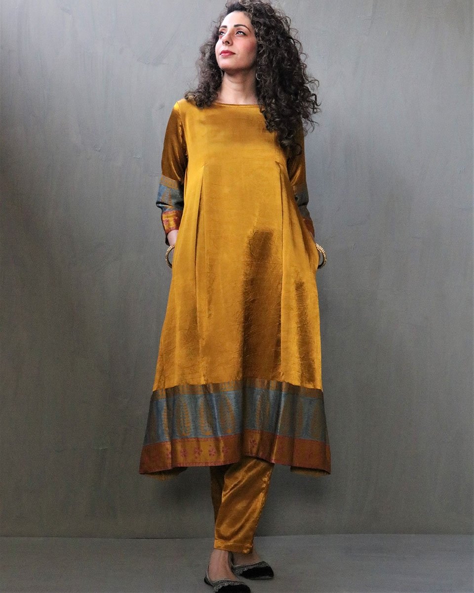 MUSTARD HANDPRINTED MASHRU SILK DRESS