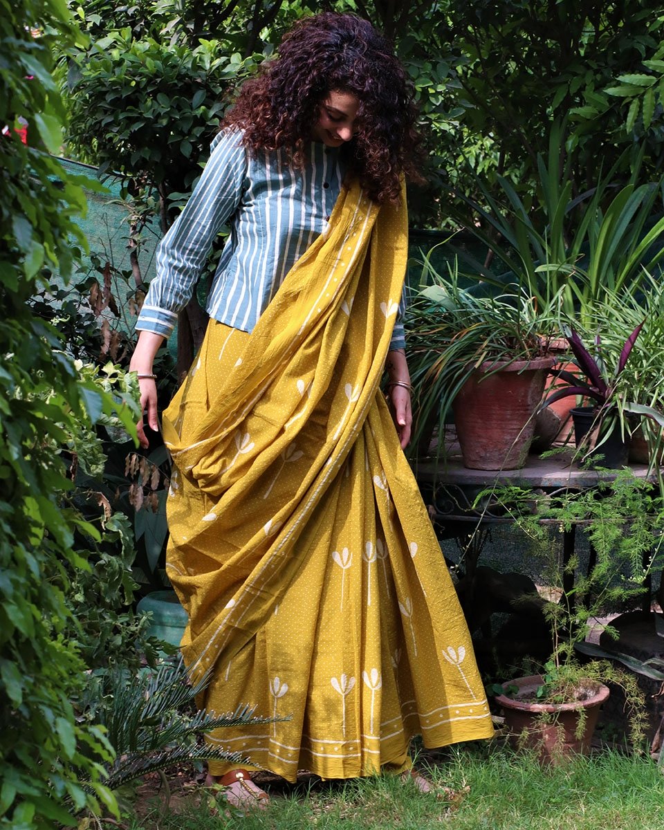 Yellow blockprinted cotton mul saree gul
