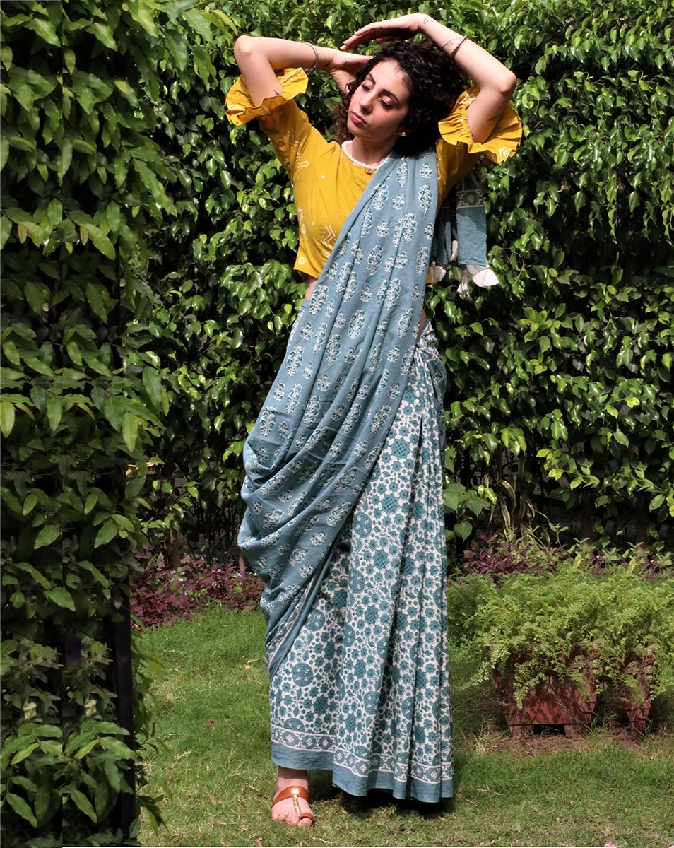 Steel blue blockprinted cotton mul saree