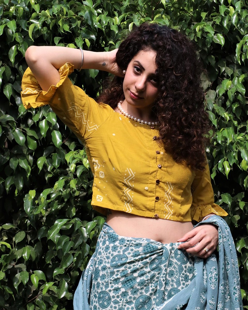 Yellow frill sleeves cotton crop top
