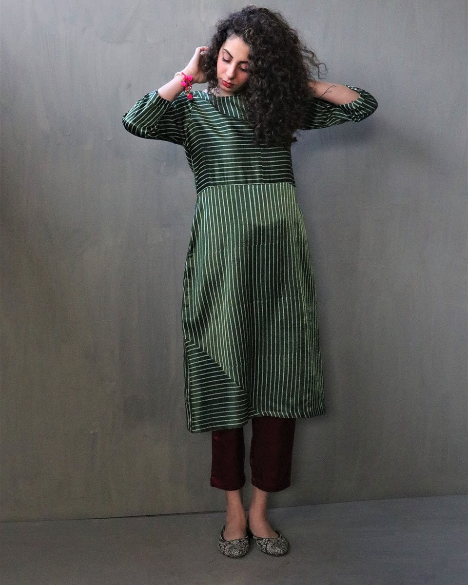 GREEN STRIPE HANDPRINTED MASHRU SILK DRESS