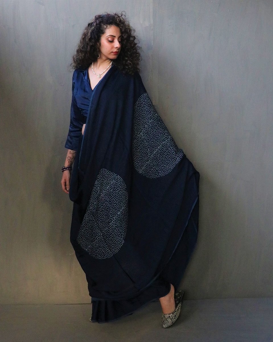 Blue Luna Block Printed Modal Silk Saree