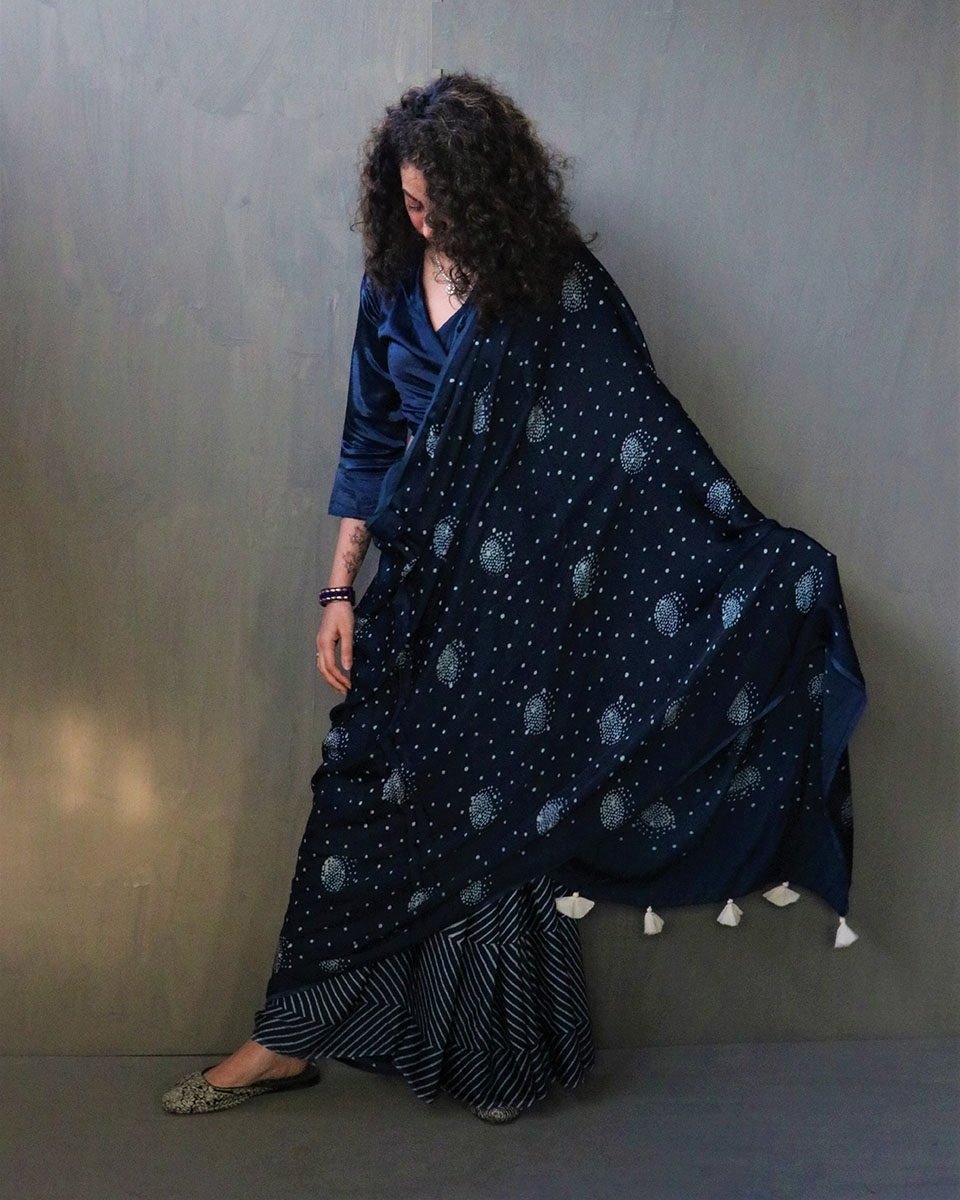 Luna, Hand dyed and hand blockprinted blues on cotton silk, one of its kind..