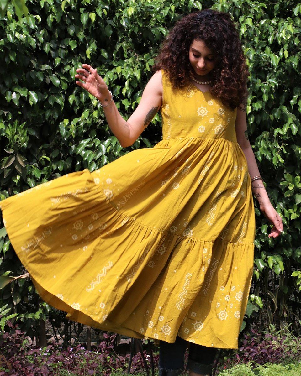 Yellow blockprinted cotton frill dress