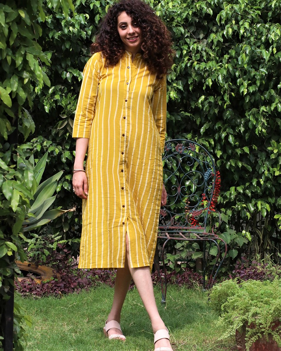 Yellow blockprinted cotton front open dress