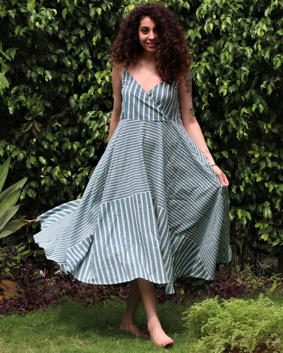 Steel blue blockprinted cotton sleevless dress