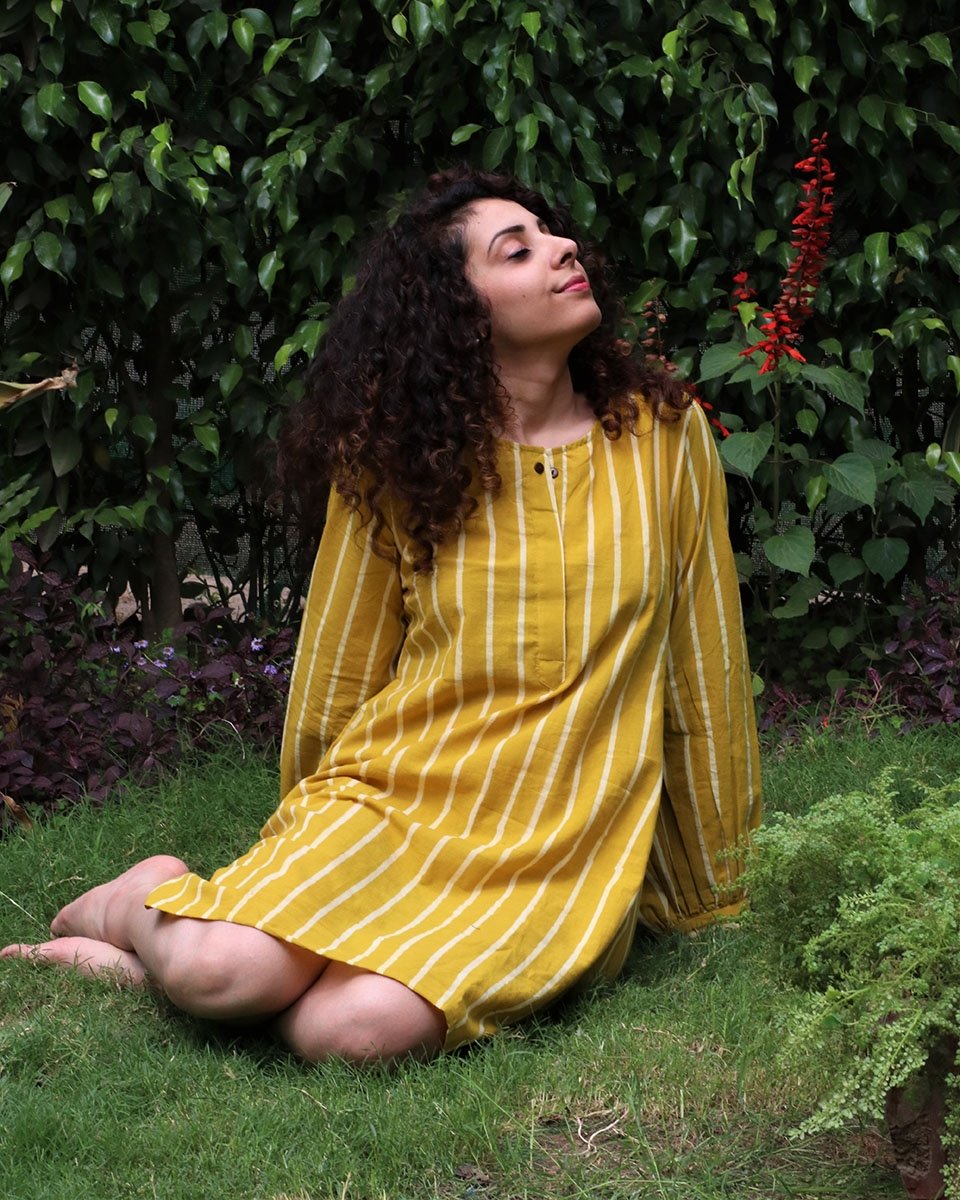 Yellow blockprinted cotton shift dress