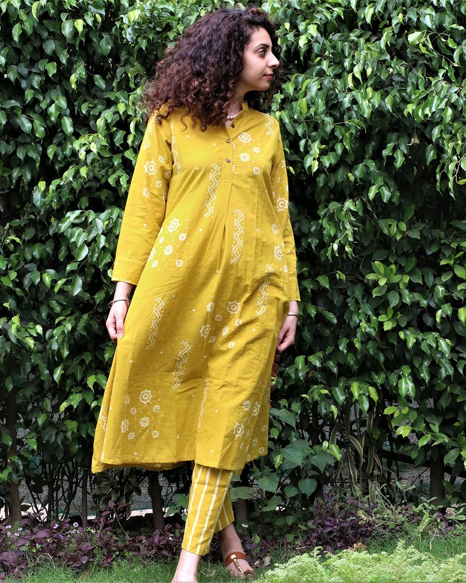 Yellow blockprinted kurti & botton (set of 2)