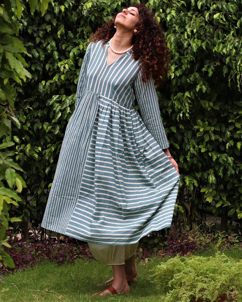 Steel blue blockprinted kurti & botton (set of 2)