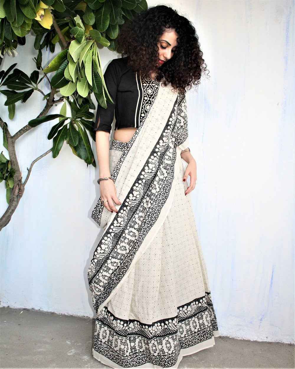 Ivory Black Block Printed Cotton Mul Saree